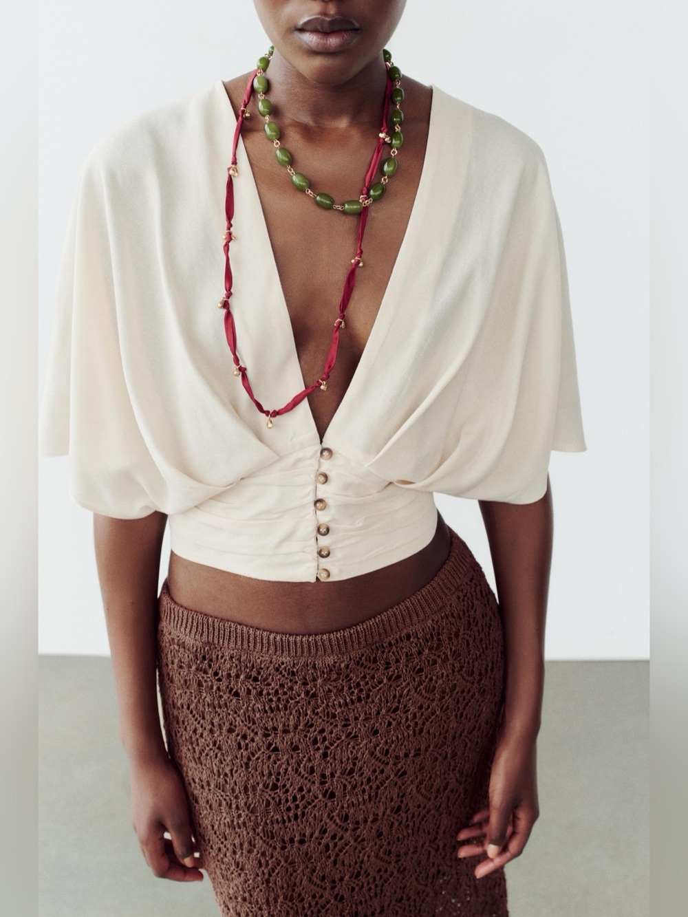 ZARA Cream Draped Deep-V Neck Button-Front Crop Top